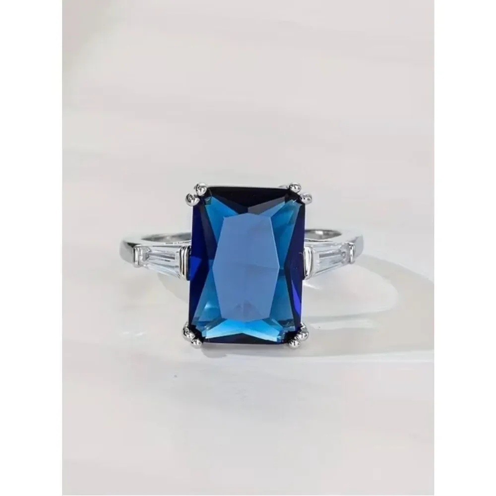 💙 NEW Blue Crystal Emerald-Cut Silver Ring with Baguette Accents 💙
